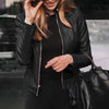 Chic slim fit faux leather moto jacket for women, perfect for autumn and winter with stylish zipper accents and tailored fit.