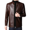 Men's faux leather jacket with zip-up front and stand collar, perfect for autumn and winter casual or professional wear.