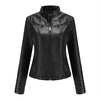 Chic women's slim leather biker jacket with zip detail, stand-up collar, and tailored fit for a stylish urban look.
