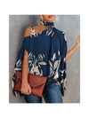 Elegant floral print blouse with batwing sleeves, halter collar, perfect for casual or office wear, made from soft cotton ble