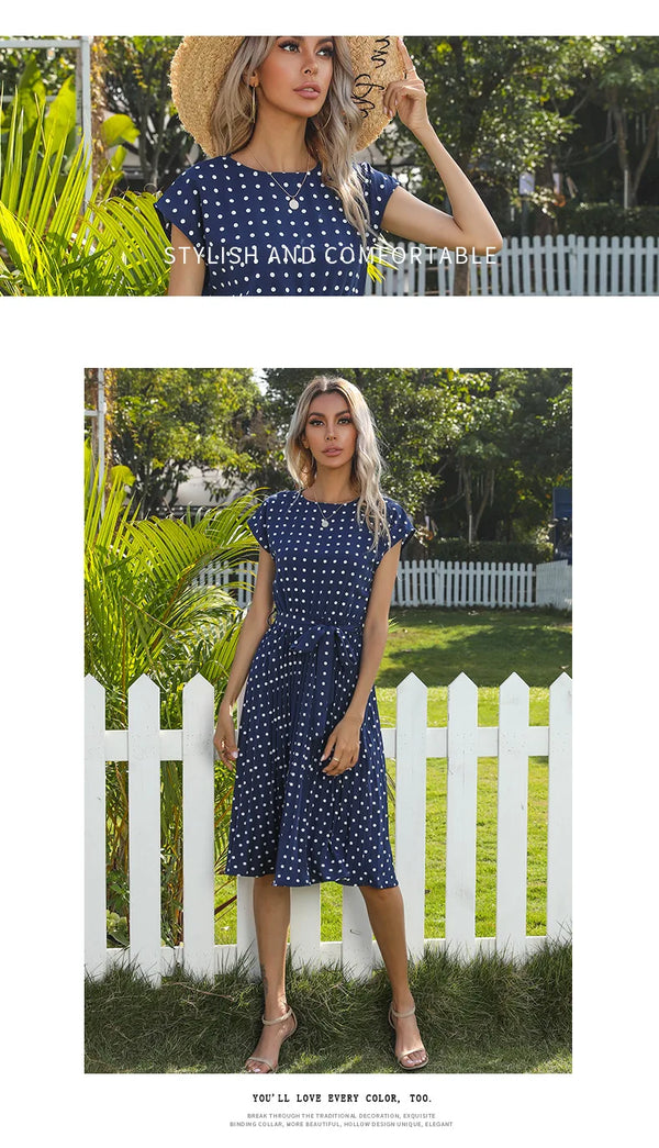 Polka dot dress with pullover neckline and flowing midi length skirt