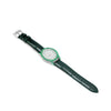 Elegant green gem watch featuring a supple leather strap and stainless steel case.