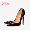 Black pointed-toe party pumps with super high stiletto heel on white background