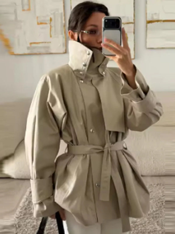 Modern khaki trench coat with protective stand collar and tailored fit