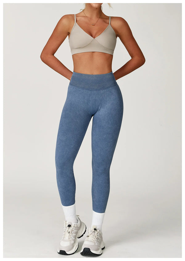 Soft mint green seamless leggings designed for yoga and fitness.