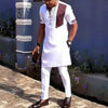 Full-length African heritage two-piece set displaying complete patchwork design from top to bottom