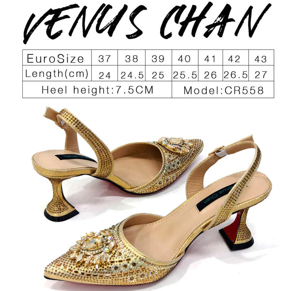 High heel party sandals with crystal detailing and premium PU construction