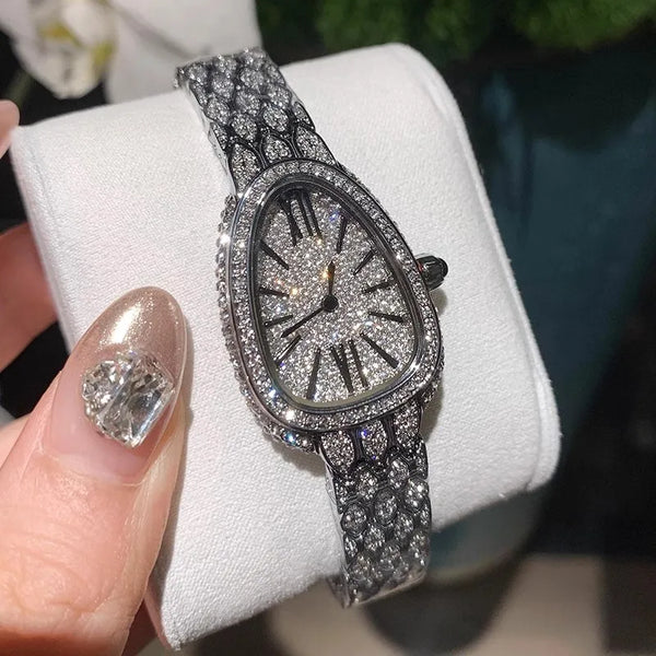Stylish women's wristwatch with a mechanical hand-wind movement and diamonds.