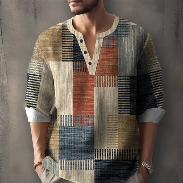 Vacation Ready Geometric Henley Shirt in cotton-linen blend with mandarin collar