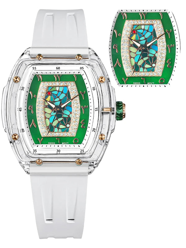 Sophisticated wristwatch with a sapphire crystal dial and water-resistant features.