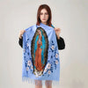 Cultural shawl featuring a vibrant Virgin Mary print, perfect for winter warmth and style.