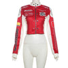 Chic PU leather Y2K motorcycle jacket for women, featuring trendy letter print and lightweight design for casual outings.