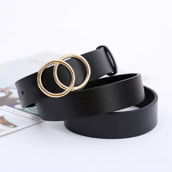 Chic double ring PU leather belt for women in classic black, perfect for jeans, dresses, and versatile fashion outfits.