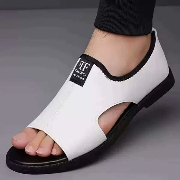 Close-up of leather sandal straps showing quality stitching and finish