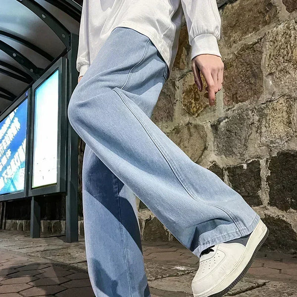 Men's casual straight-leg jeans with wide-leg design and elastic waist closure