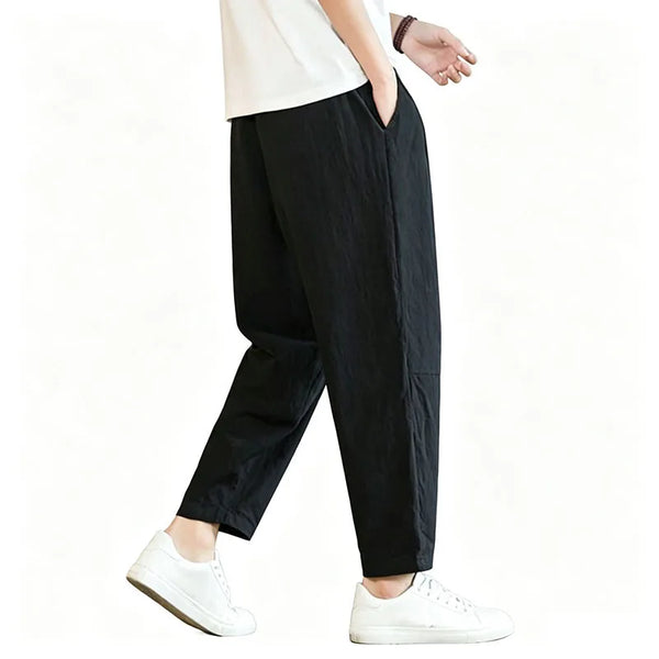 Close-up of cotton-polyester jersey fabric texture on men's casual joggers