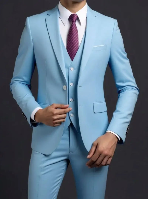 Model wearing the elegant men's 3-piece suit at a wedding reception.