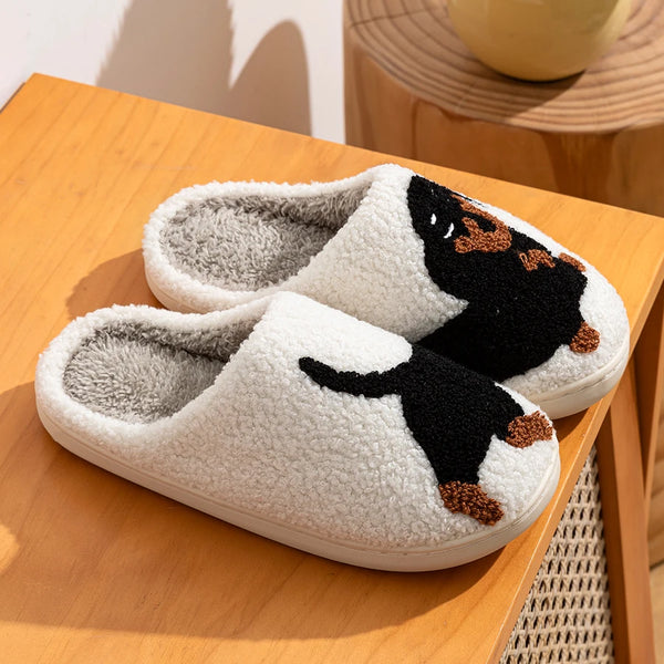 Whimsical dog design slippers with double-layered cushioning and non-marking flat sole