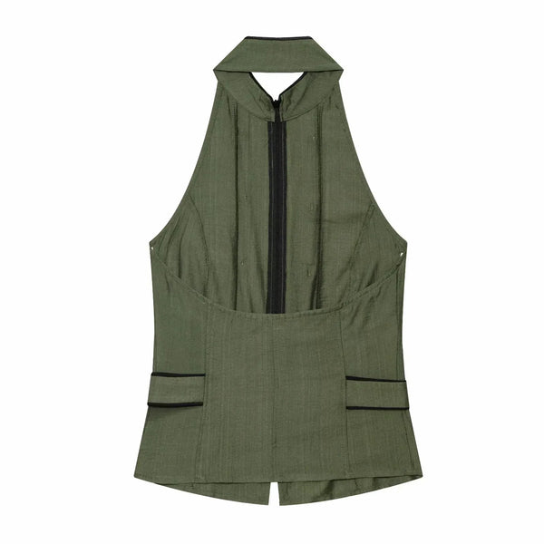 Modern halter neckline top in luminous polyester with refined draping