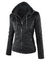 Chic hooded faux leather jacket for women in black, perfect for autumn and winter, featuring a detachable hood and zip-up clo