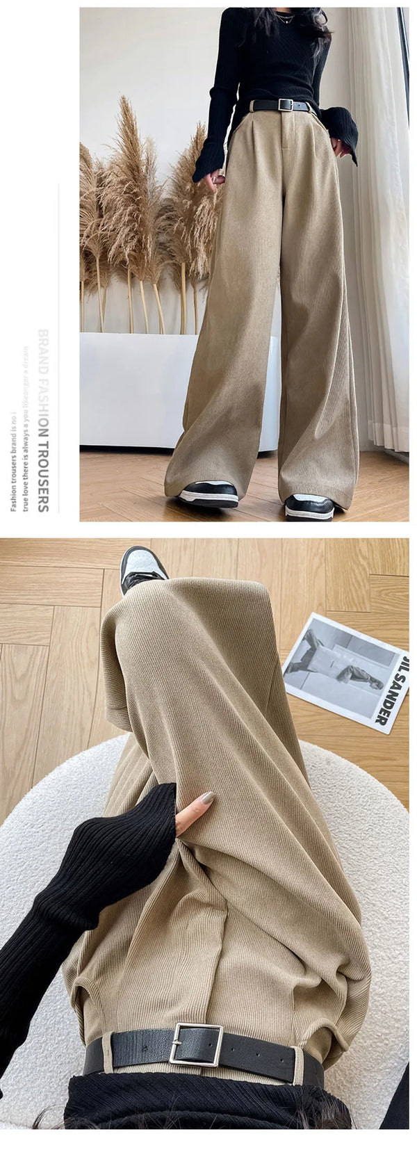 Chic high-waist corduroy wide-leg pants for women, perfect for autumn fashion and casual office wear. Stylish and comfortable