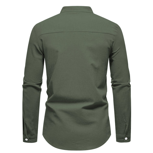 Breathable pure cotton casual shirt with refined stand collar for spring and fall