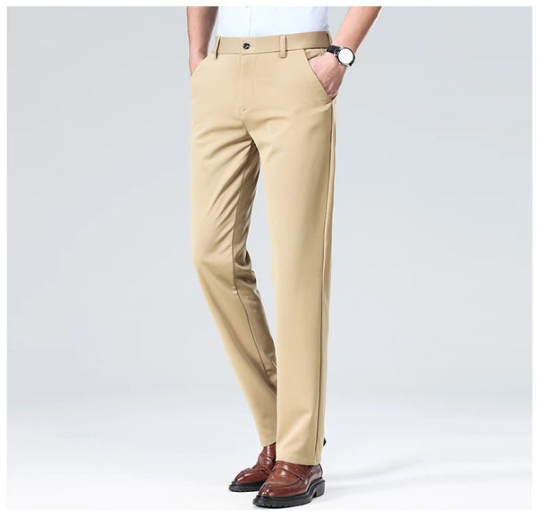 Summer-ready suit pants with comfortable elastic waist and straight cut