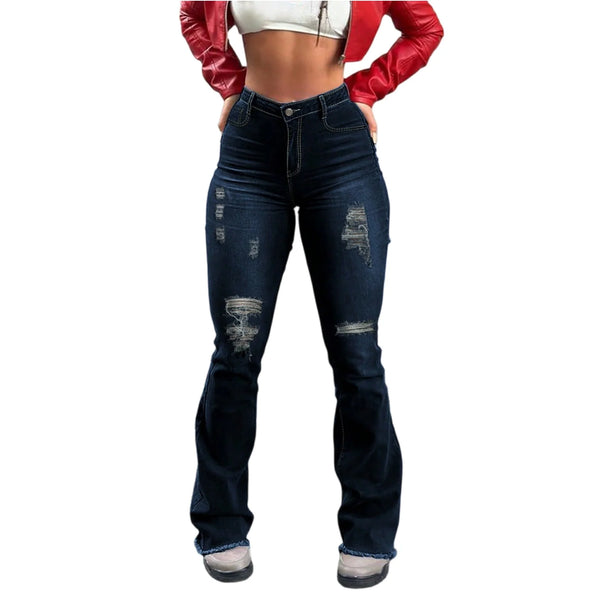 Chic light blue ripped flared jeans for women with high waist, deep pockets, and a trendy retro style. Perfect for casual out