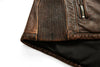 Premium men's leather biker jacket in rich brown with stand collar, crafted from durable first-layer calfskin leather.