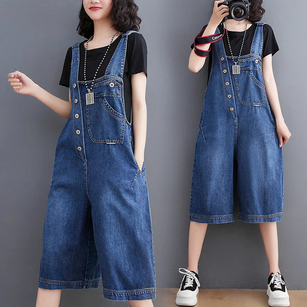 Streetwise Baggy Denim Suspender Jumpsuit with wide legs and adjustable straps on white background