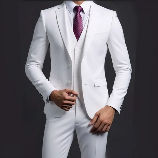 Elegant men's 3-piece suit in solid navy, crafted from polyester and viscose blend.