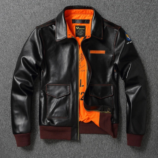 Vintage A2 leather flight jacket displayed on a hanger, highlighting its premium leather.