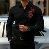 Red rose print casual top with comfortable stretch fabric and long sleeves