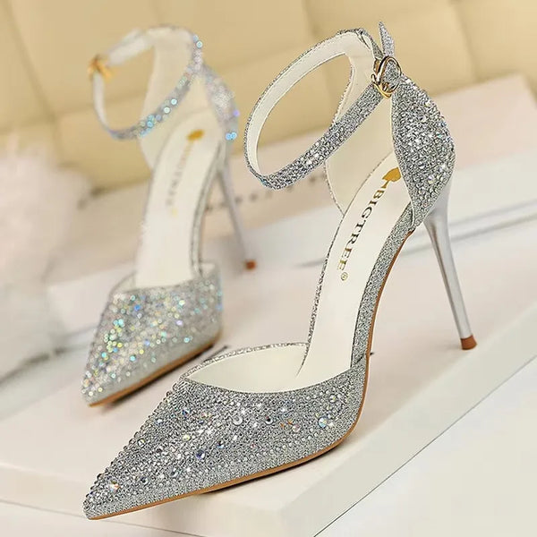 High heel rhinestone pumps with true-to-size fit and elegant silhouette