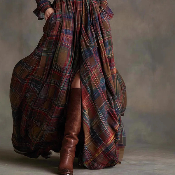 Detail shot of the fabric texture of the Autumn Whispers Plaid Maxi, emphasizing comfort and slight stretch.