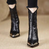 Contemporary ankle boots featuring high gloss patent leather and square heel