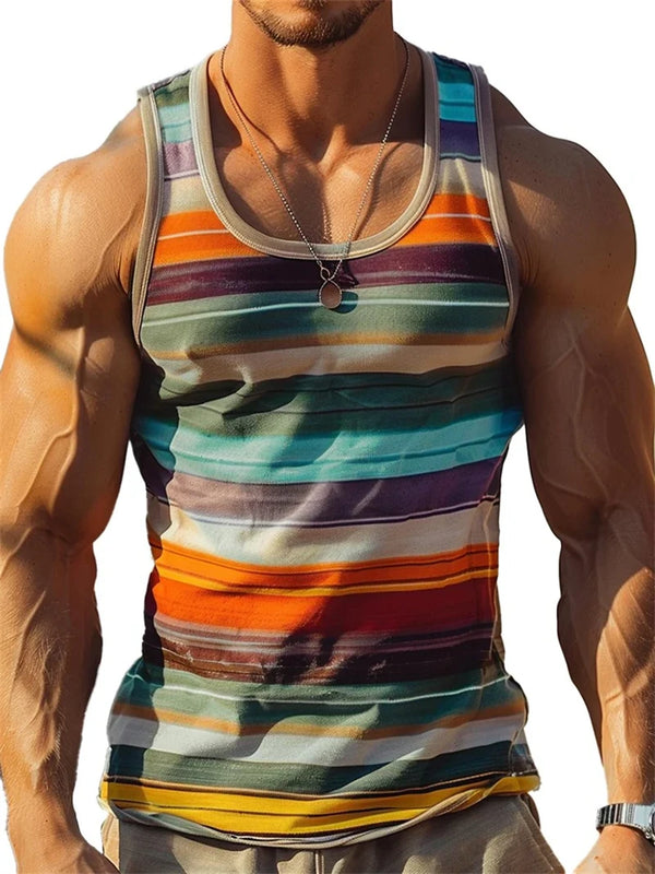Casual summer tank with vibrant retro stripes and moisture-wicking performance fabric