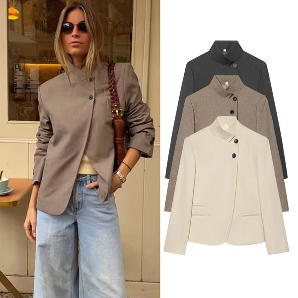 Elegant stand-collar blazer in neutral tone displayed on white background