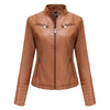 Chic women's slim leather biker jacket with zip detail, stand-up collar, and tailored fit for stylish urban looks.