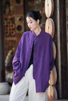 Women's regular length coat with stand collar in natural cotton linen
