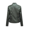 Women's slim fit PU leather motorcycle jacket in black, windproof, durable for spring and autumn rides, stylish biker gear.