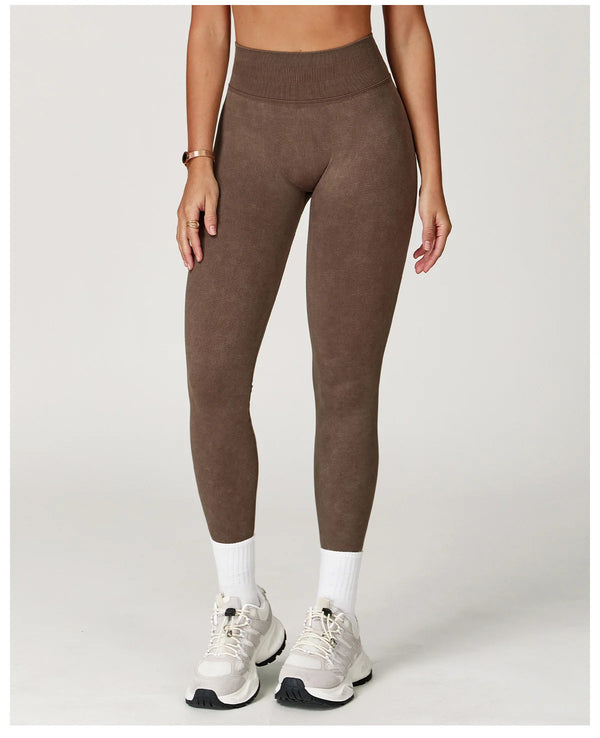 Charcoal gray high waist yoga pants with breathable fabric.