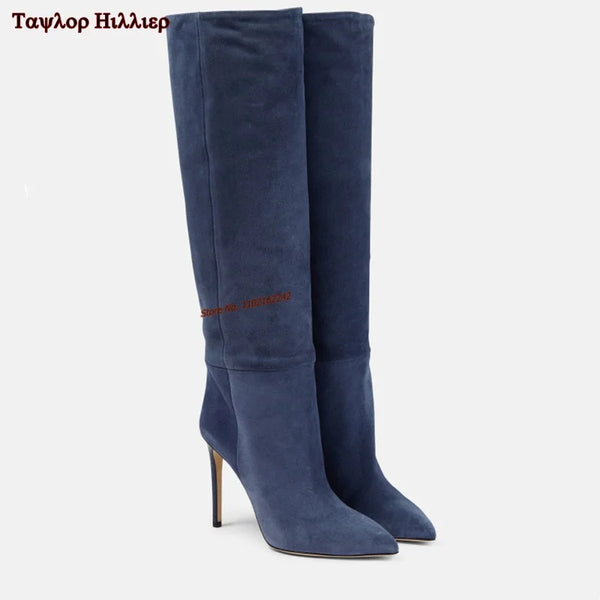 Side view of women's knee-high stiletto boots in soft suede.
