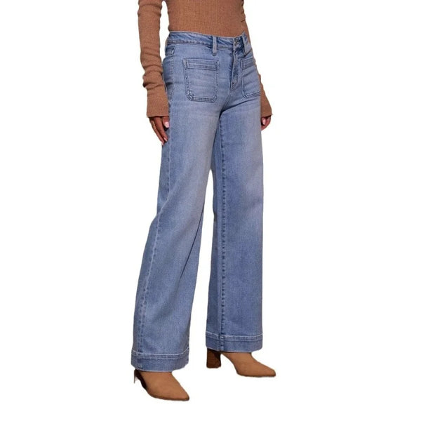 Chic high-waisted wide-leg jeans for women with pockets, distressed details, and a comfortable fit for spring and casual outi