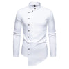Vintage-style men's casual dress shirt with stand collar, irregular hem, and single-breasted closure in solid color.
