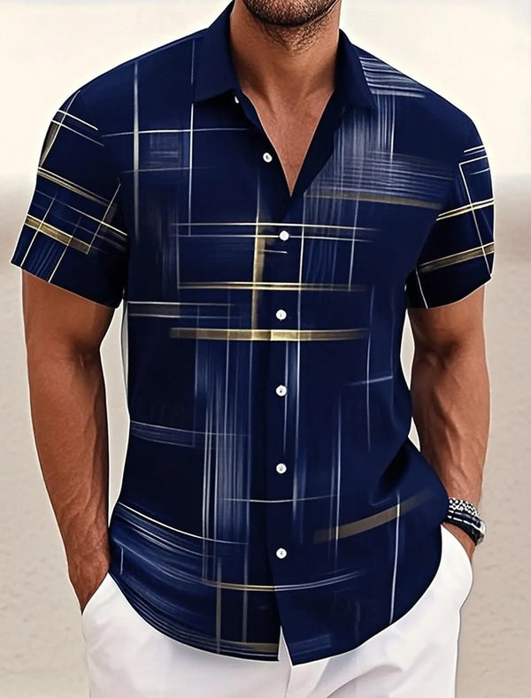 Versatile short sleeve shirt showcasing bold geometric grid design for year-round styling