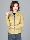 Chic women's sheepskin leather jacket with zippered front, turn-down collar, and pockets for stylish autumn layering.
