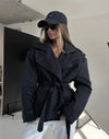 Short trench coat with waist belt and timeless collar design