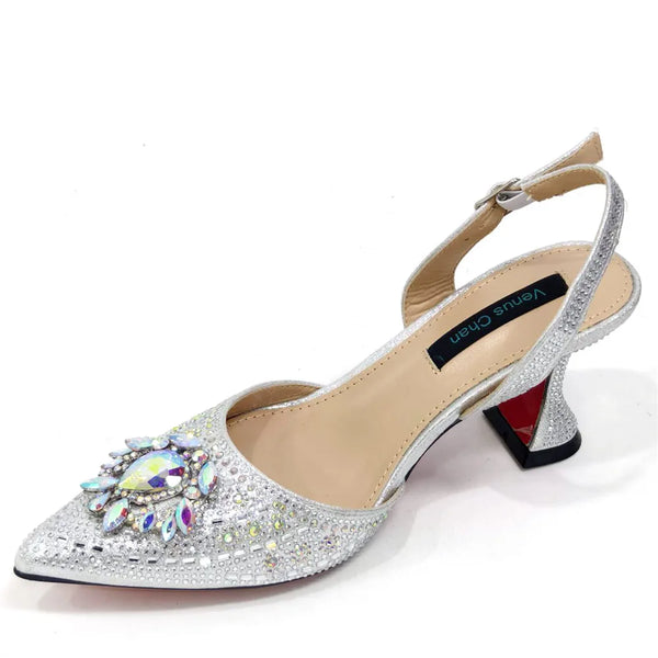 Women's embellished party sandals with sparkling crystals and square heel