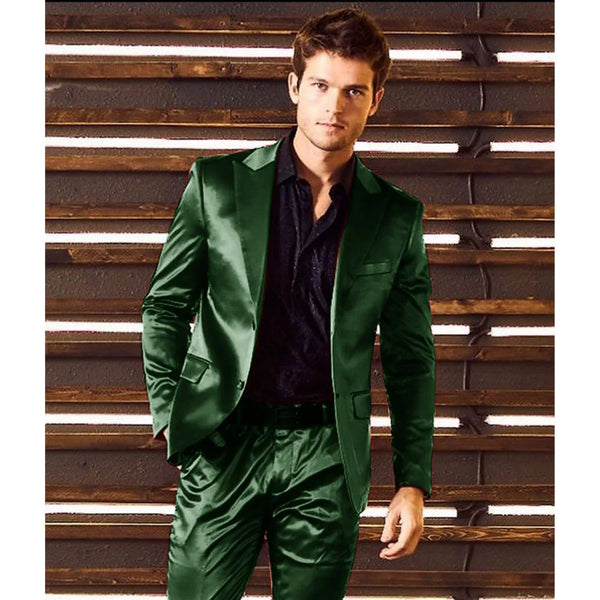 Elegant men's satin suit in charcoal gray, ideal for all seasons and special occasions.